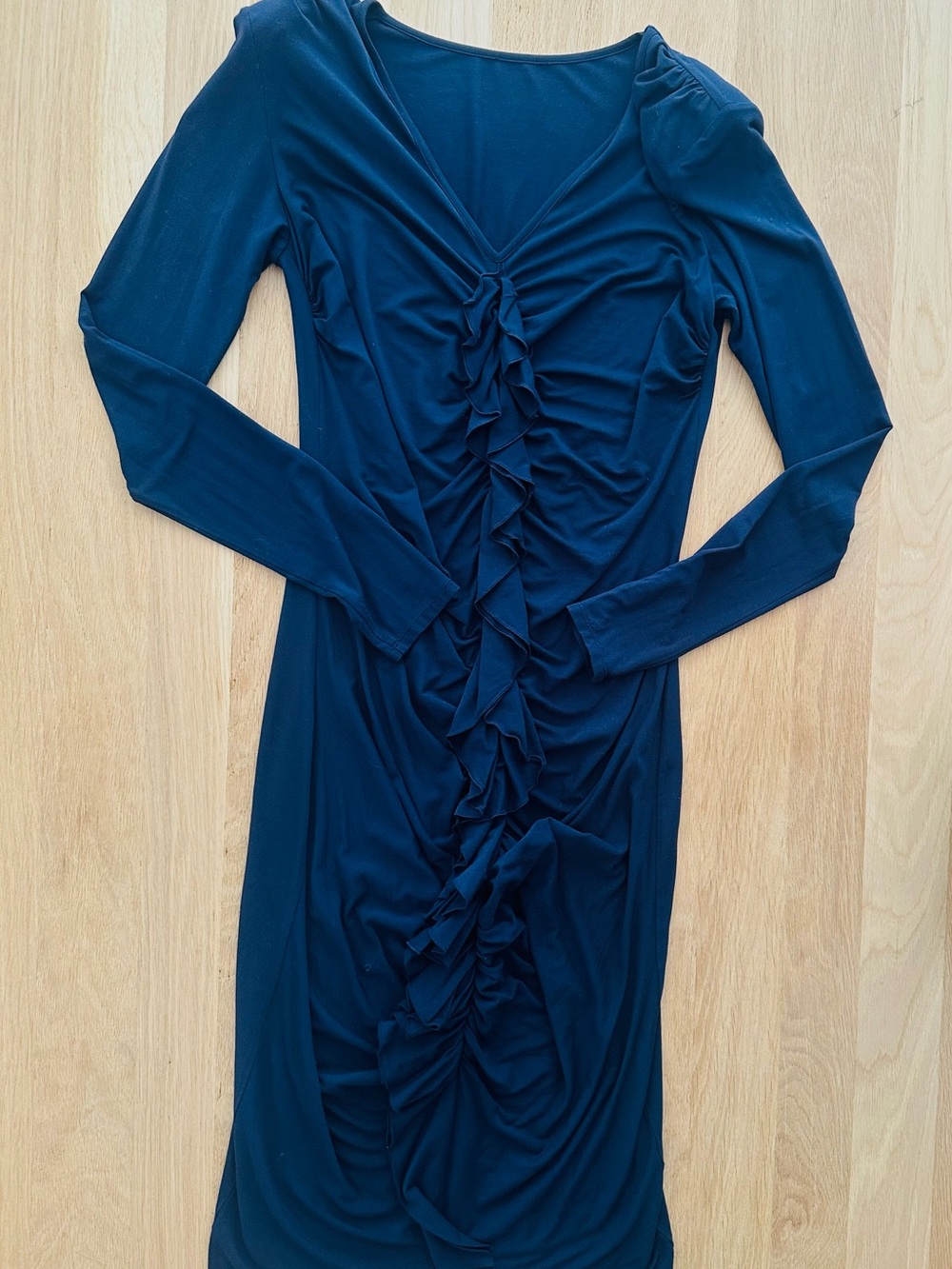 NWOT Magaschoni Slimming Modal Deep Navy Ruffle-Front Midi Dress, small